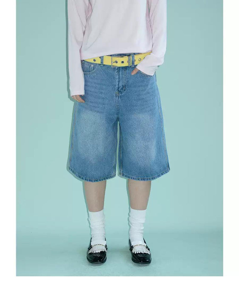 Wide Cut Faded Denim Shorts