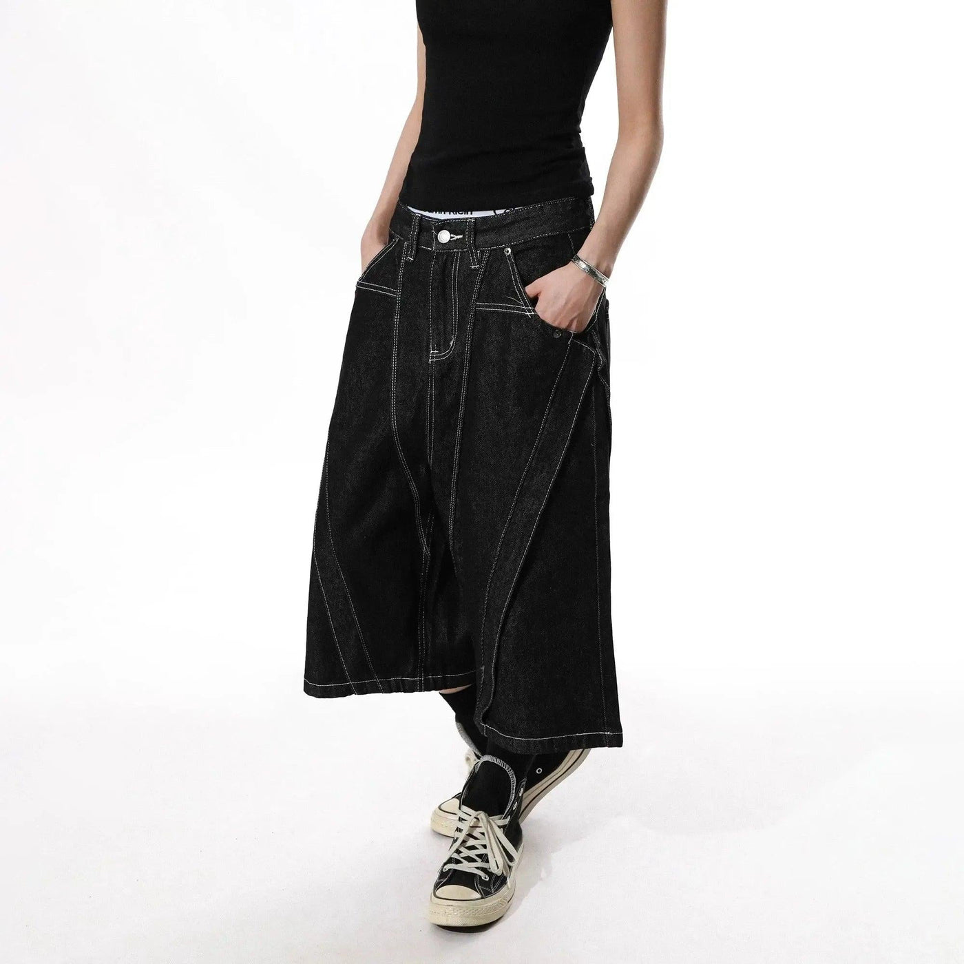 Contrast Diagonal Lined Denim Shorts
