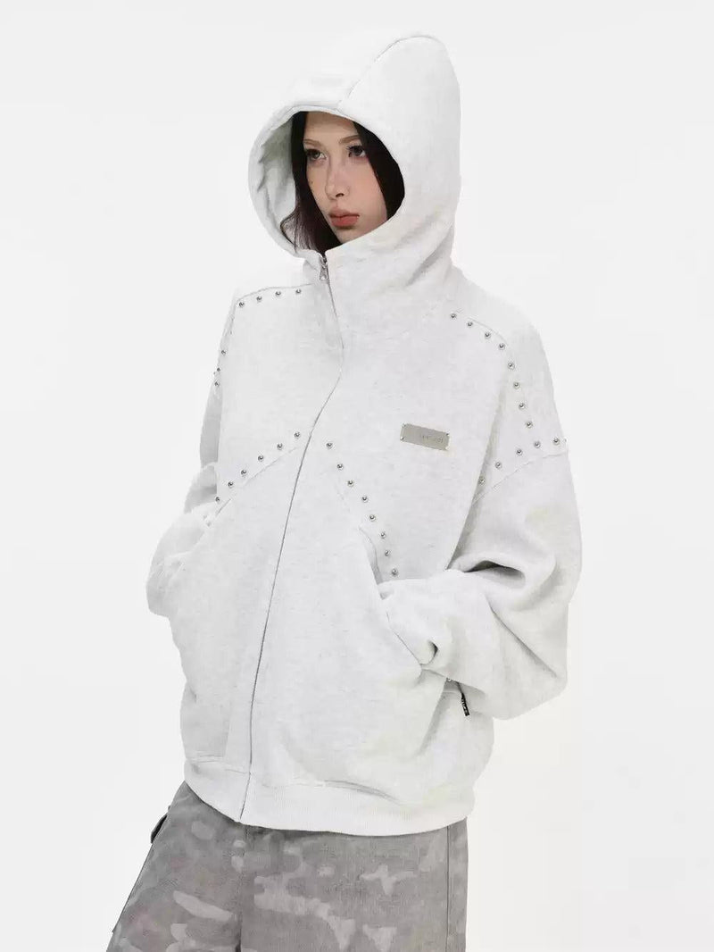 Rivet-Studded Oversize Fit Zip-Up Hoodie