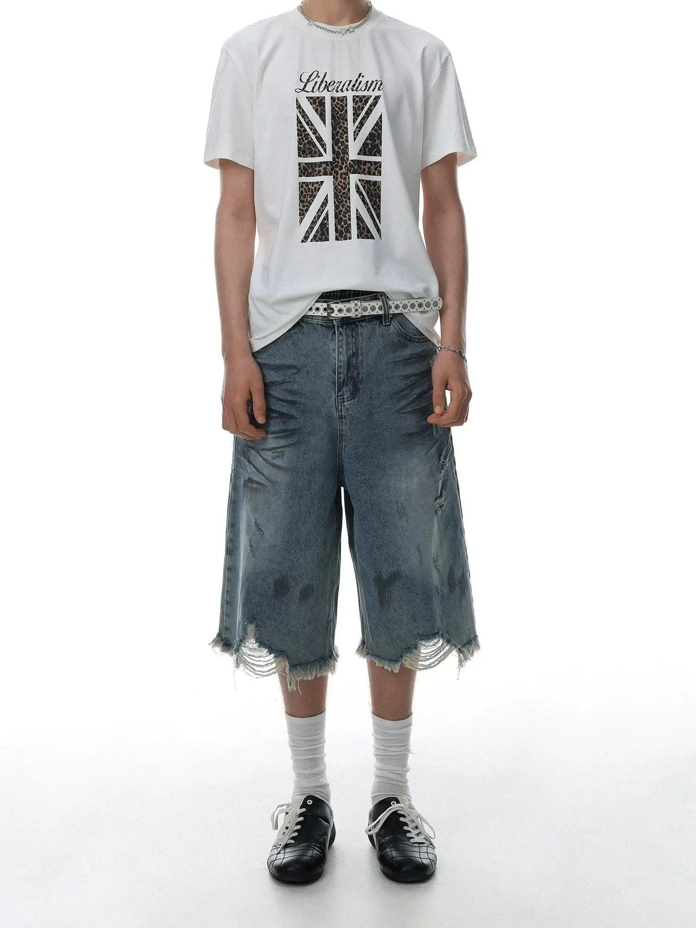 Washed Distressed Raw Hem Denim Shorts