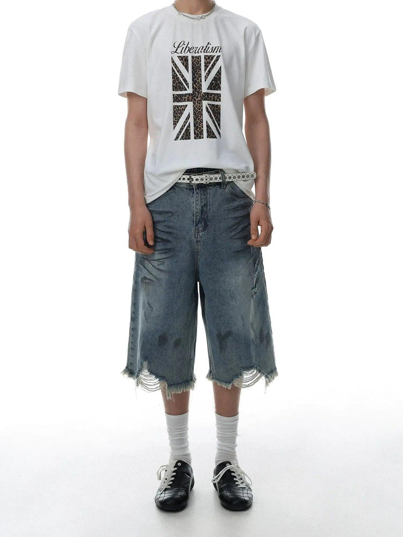 Washed Distressed Raw Hem Denim Shorts