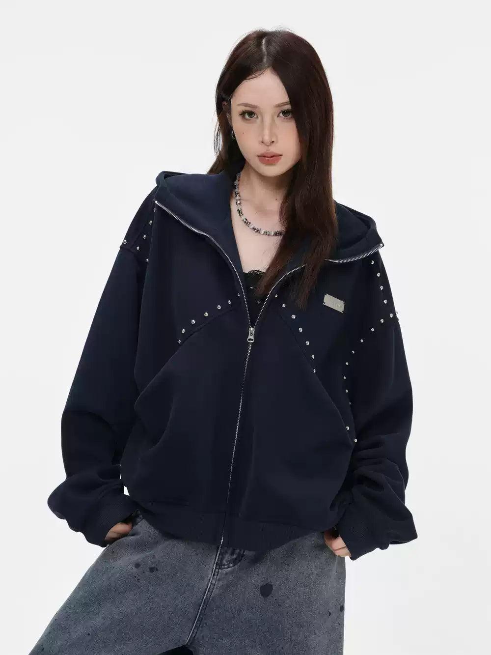 Rivet-Studded Oversize Fit Zip-Up Hoodie