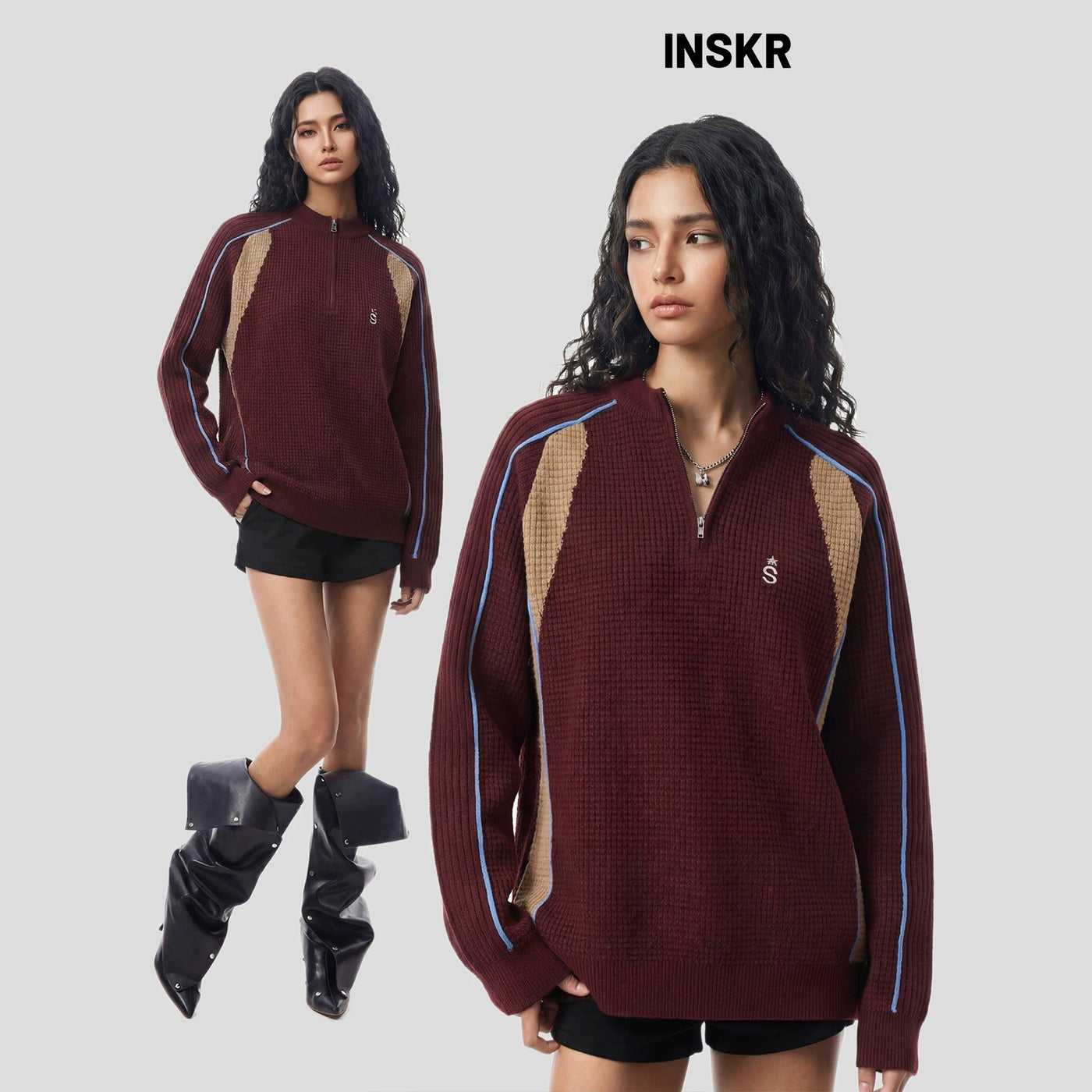 Waffle Grid Half-Zip Sweater
