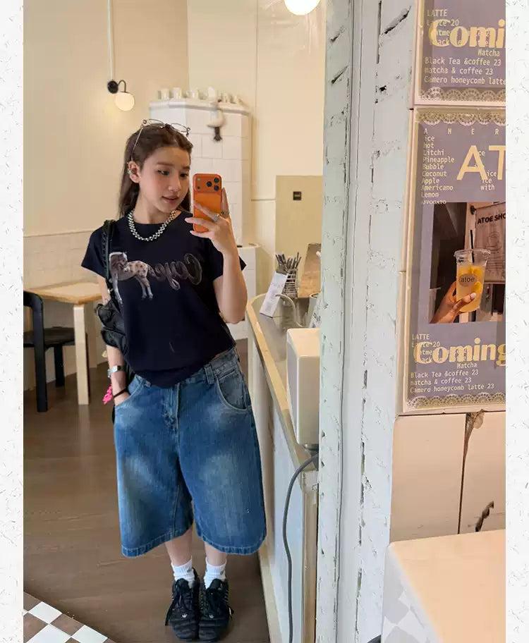 Buttoned Belt Strap Washed Denim Shorts