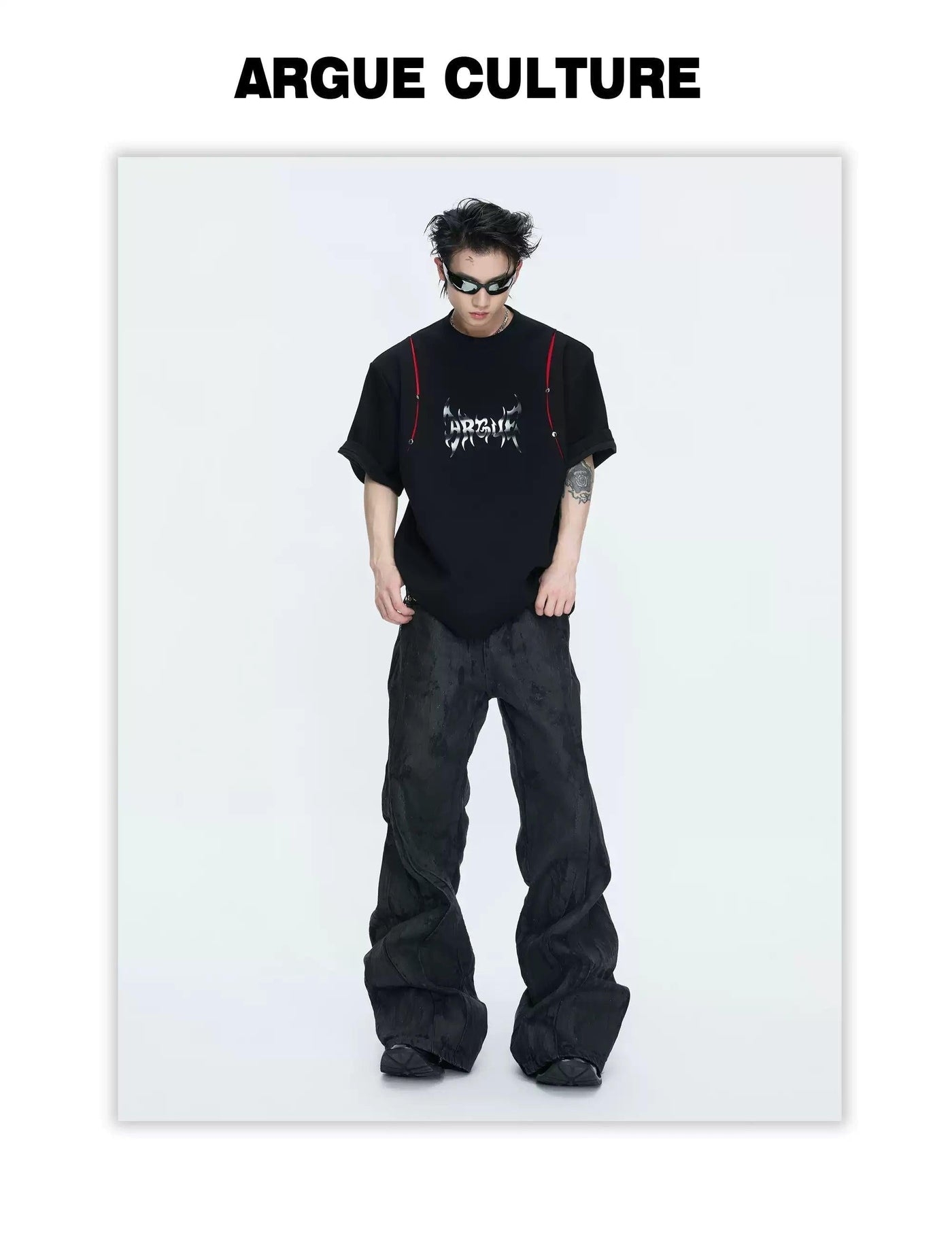 Metallic Print Logo Contrast Spliced T-Shirt