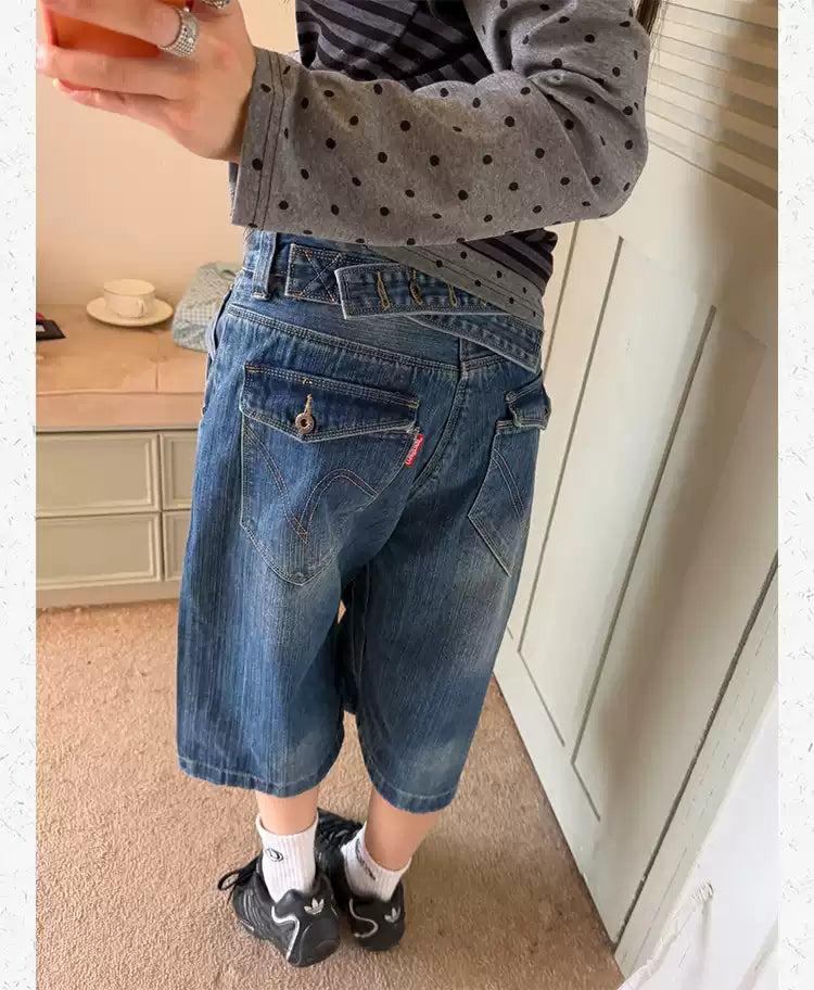 Buttoned Belt Strap Washed Denim Shorts