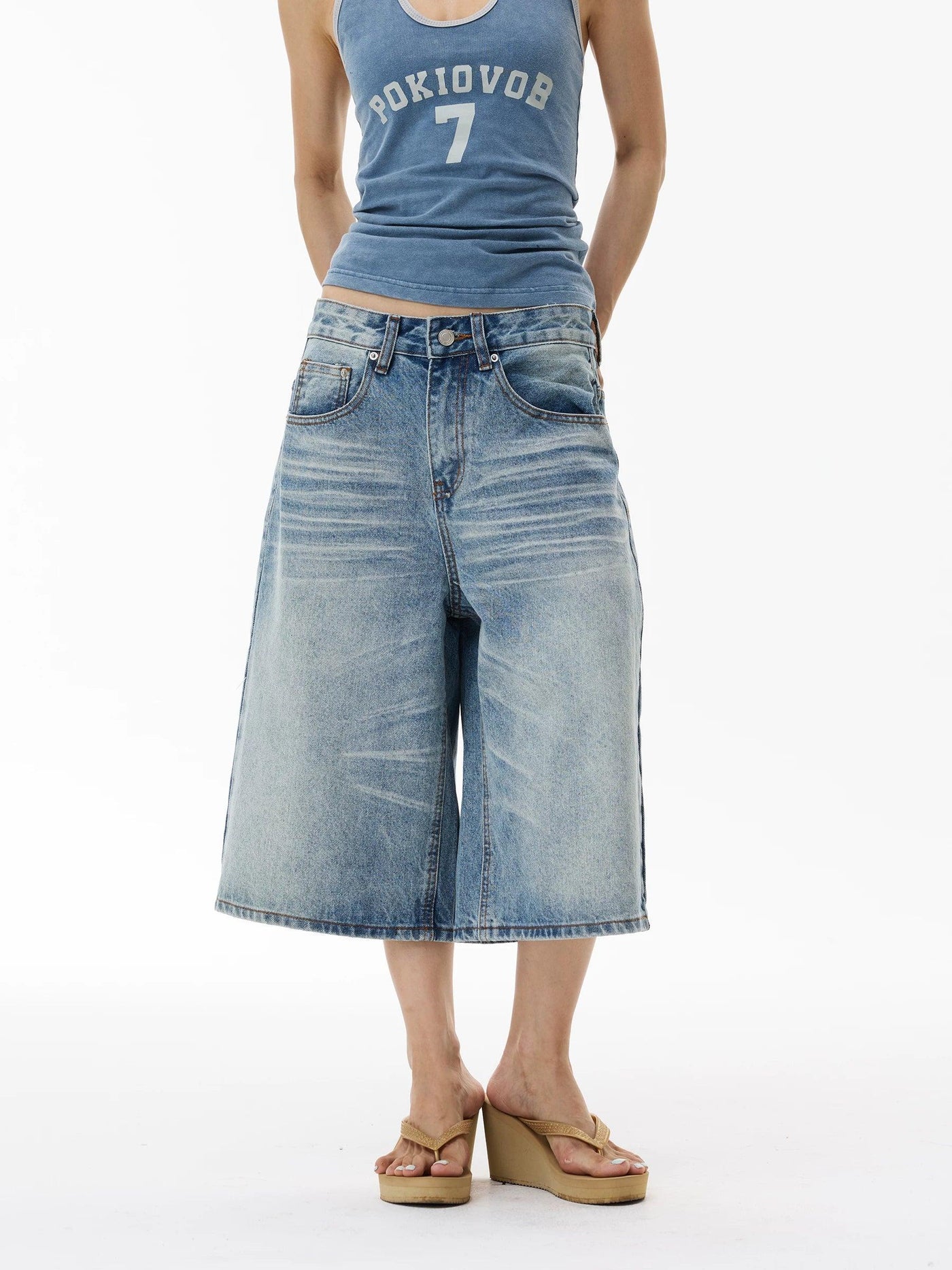 Washed Distressed Denim Shorts