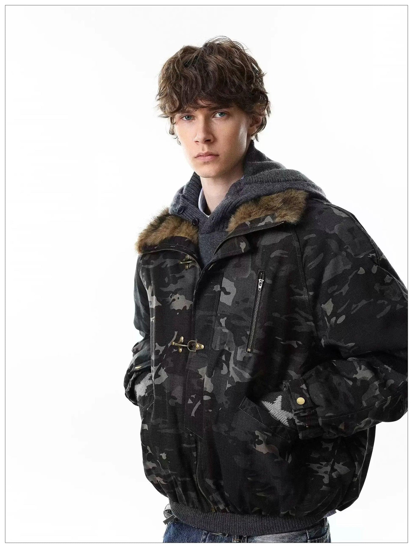 Faux Fur Lined Fireman Clasp Camouflage Jacket
