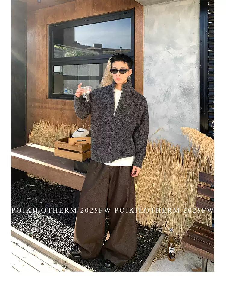 Stand Collar Textured Knit Jacket
