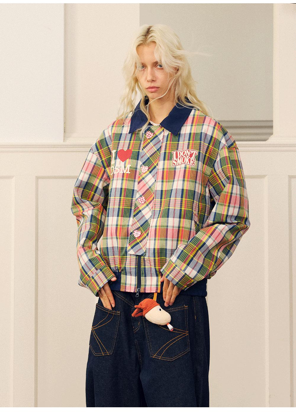 Plaid Pattern Heart Buttoned Jacket