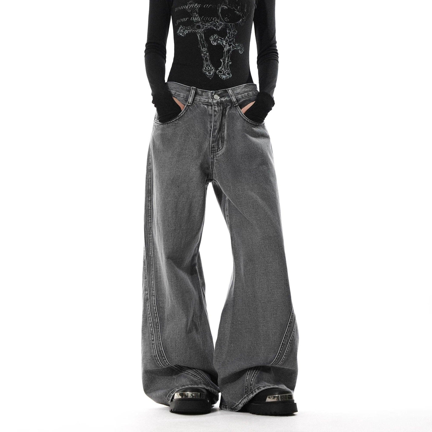 Structured Washed Wide Leg Jeans