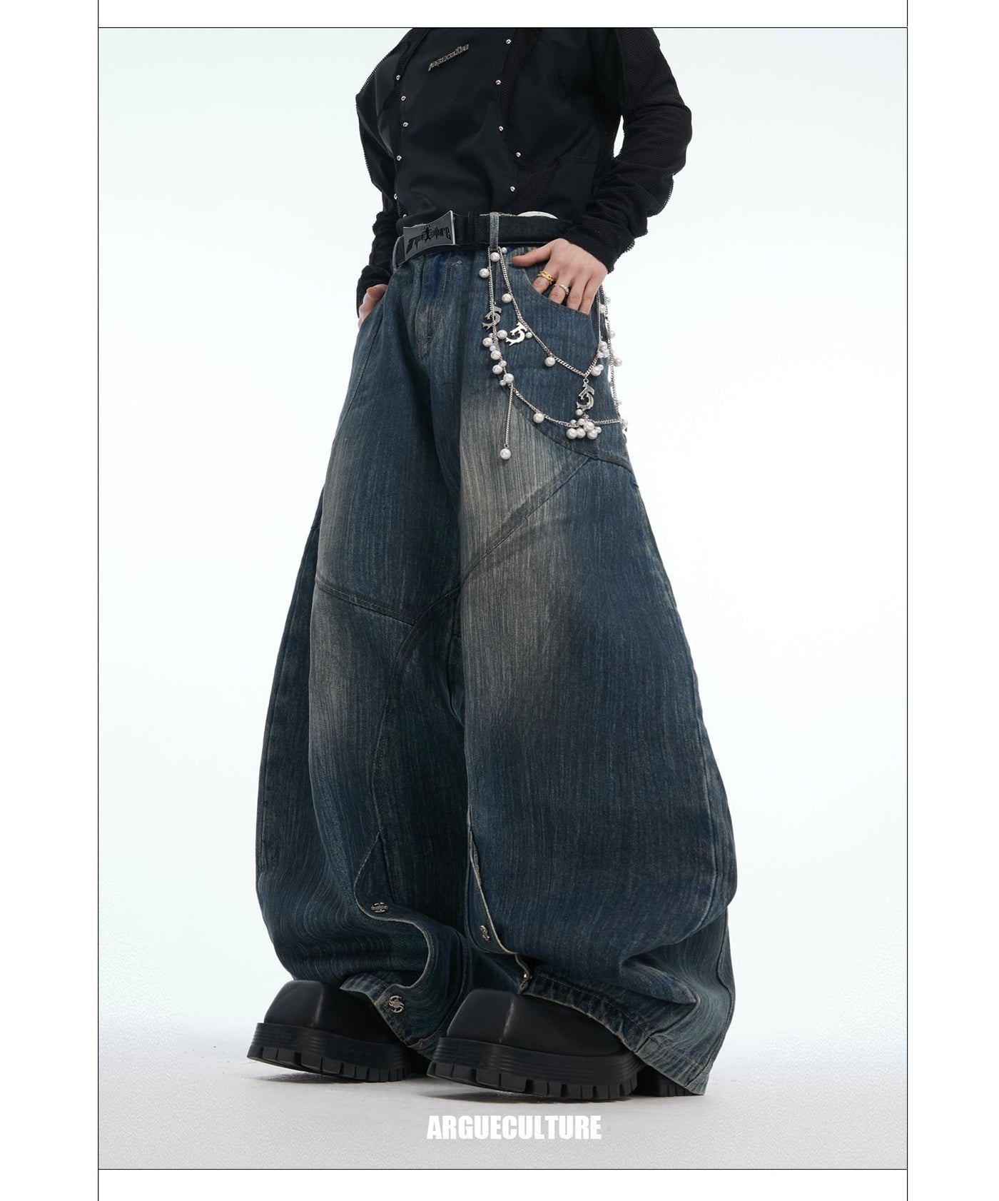 Heavy Wash Pearl Detail Wide Jeans