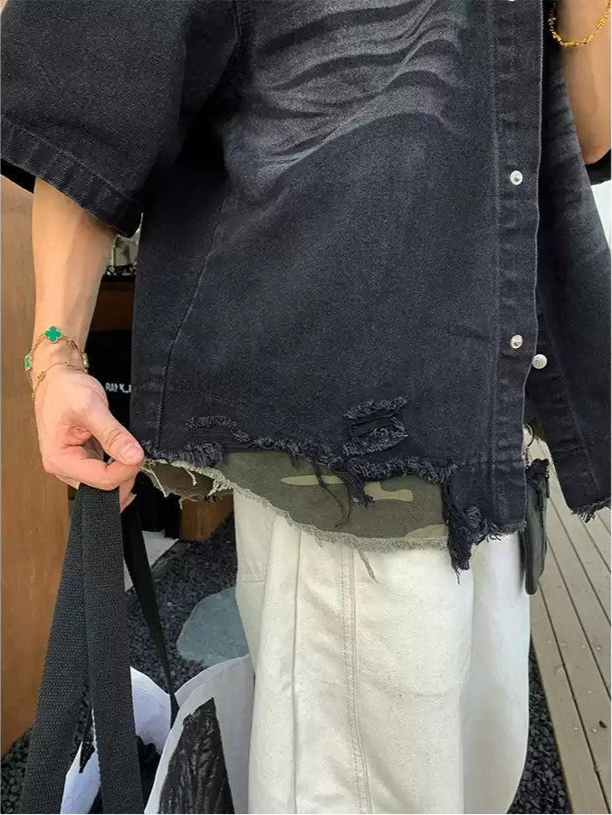 Tassel Ripped Layer Faded Denim Shirt