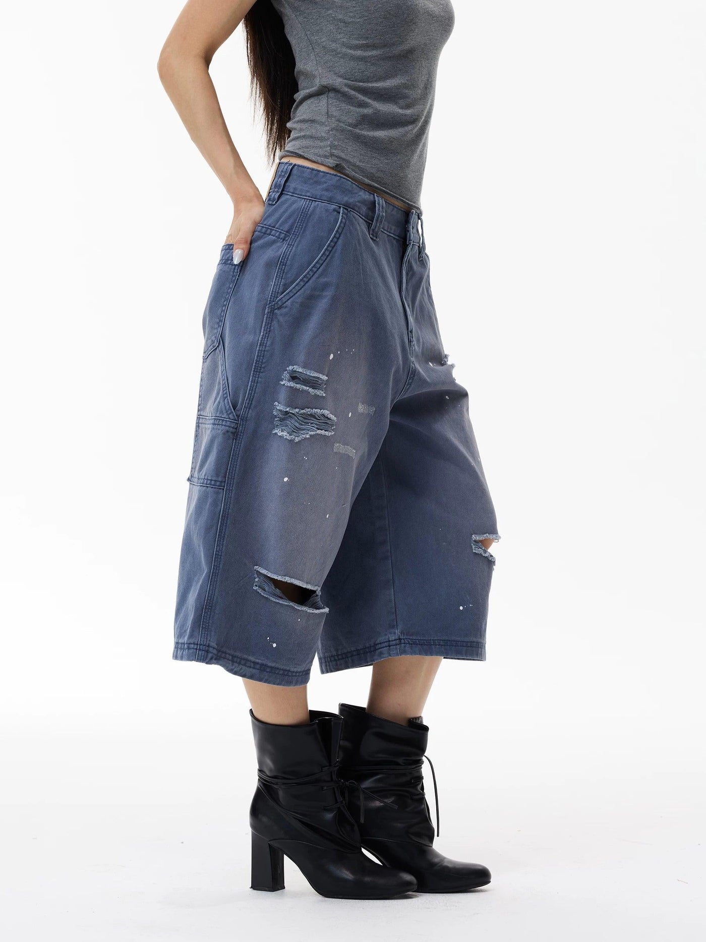 Washed Distressed Cargo Denim Shorts