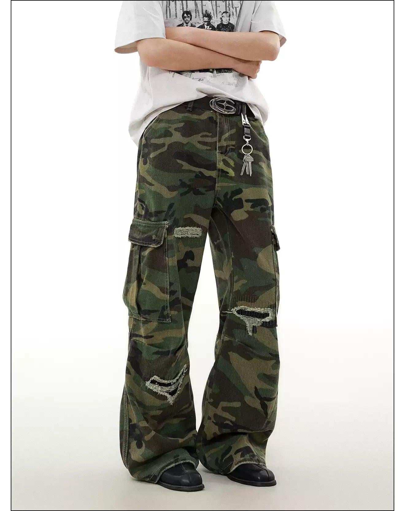 Ripped Frayed Camo Cargo Pants