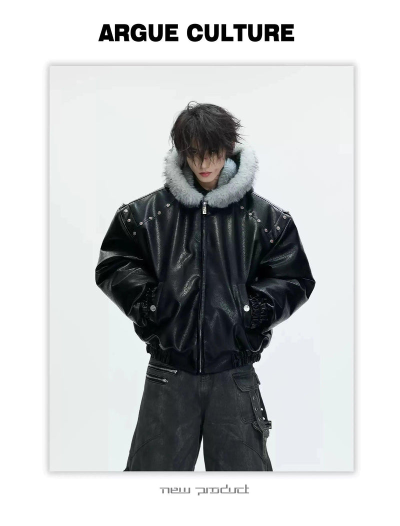 Faux Fur Hood Detailed PU Leather Jacket