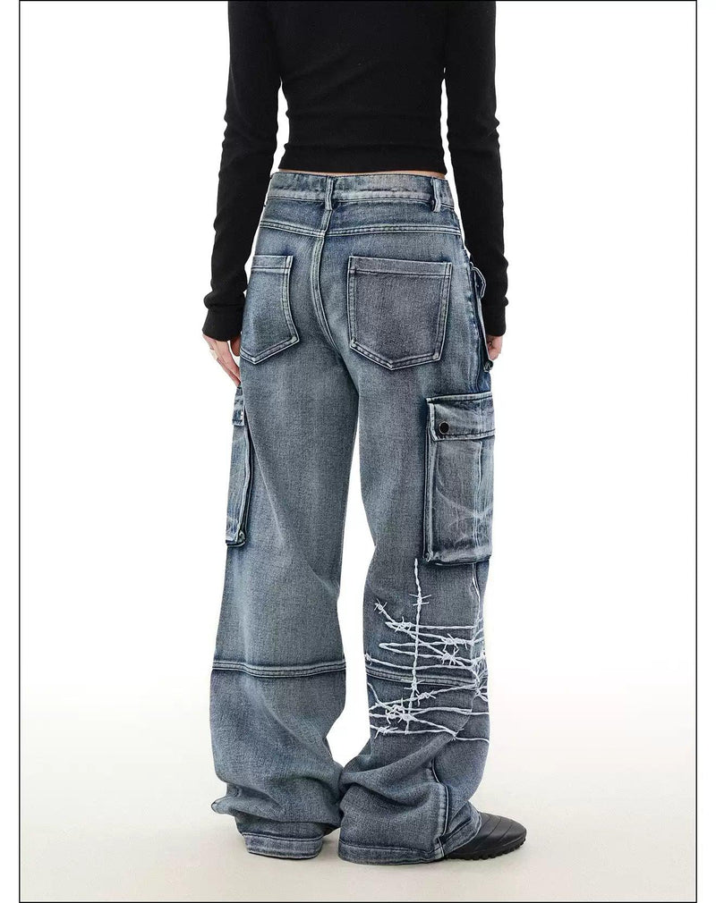 Washed Thorn Embroidery Cargo Jeans