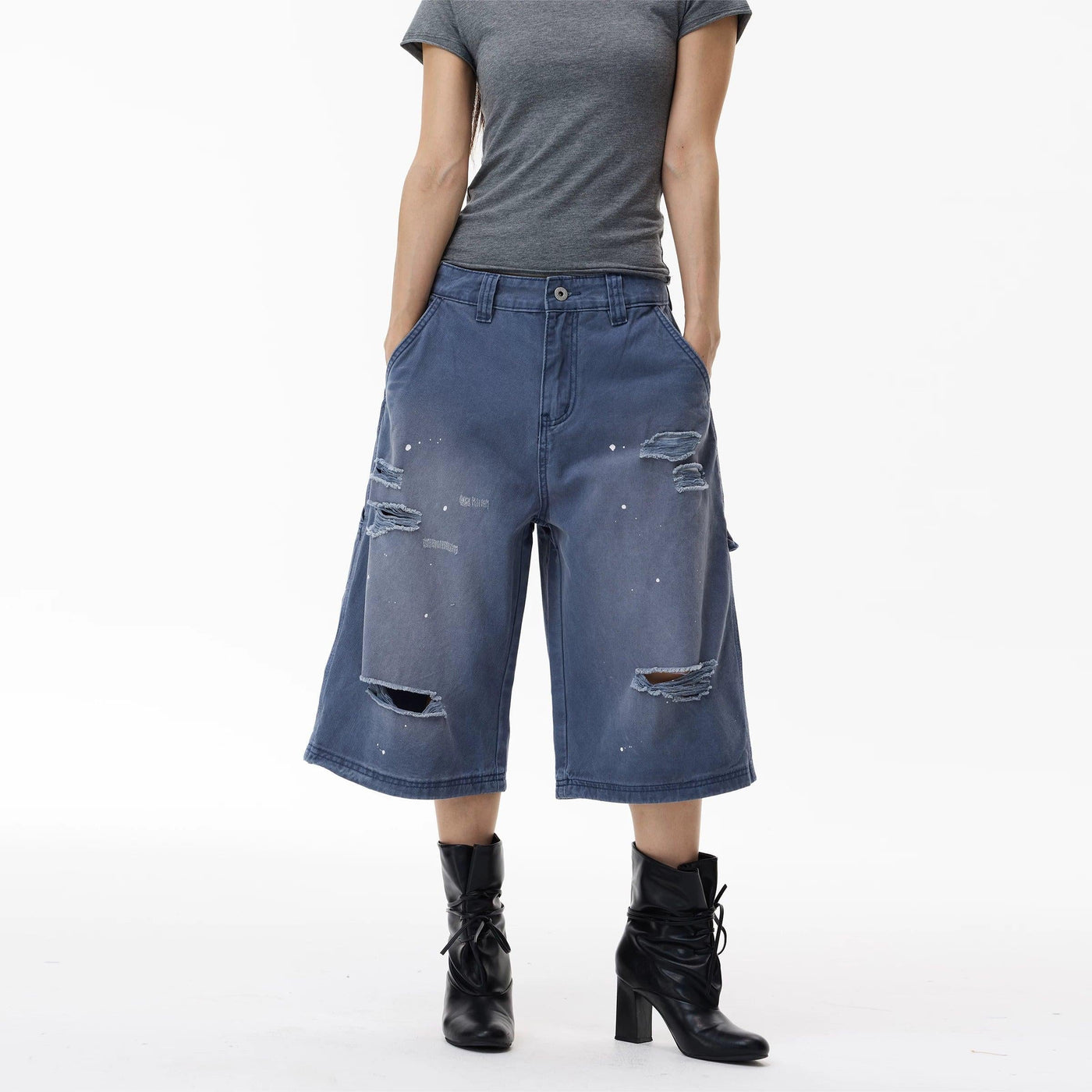 Washed Distressed Cargo Denim Shorts