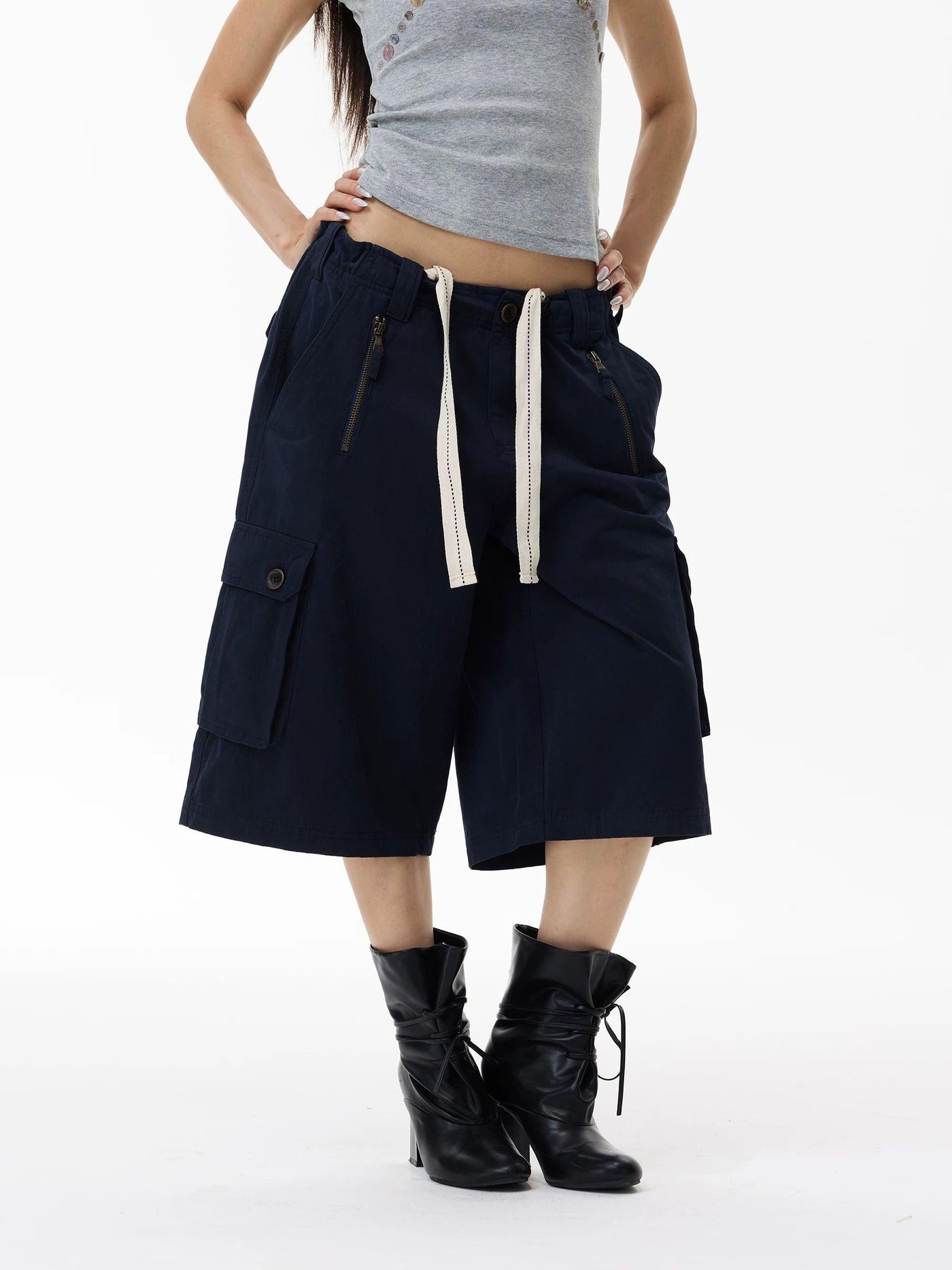 Drawstring Wide Leg Cargo Shorts