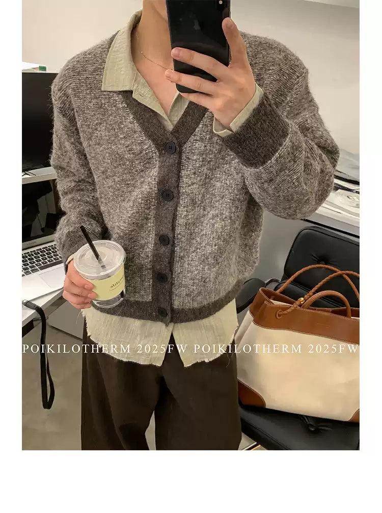 Contrast Fuzzy Knit V-Neck Cardigan