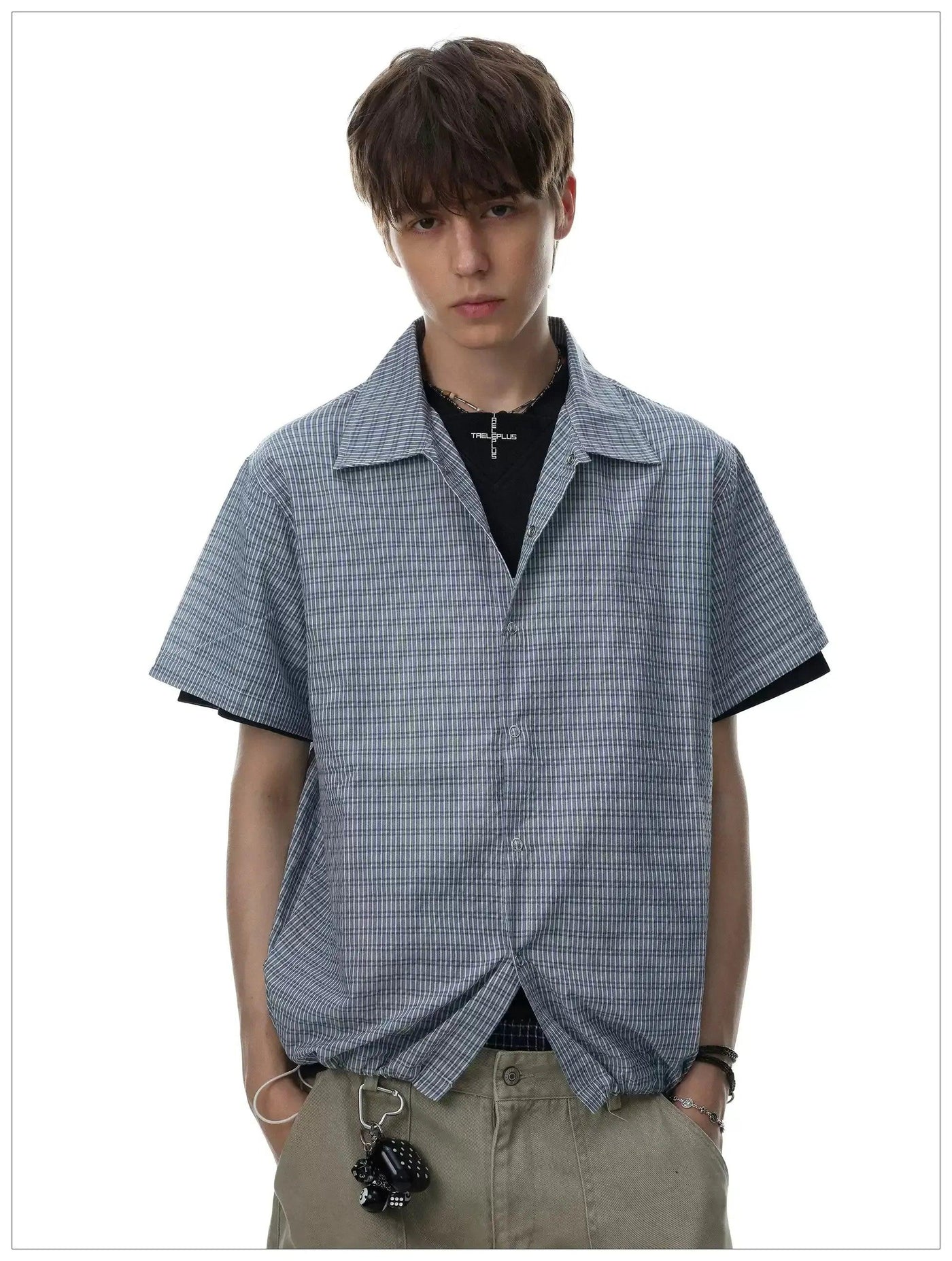 Drawstring Boxy Fit Plaid Shirt