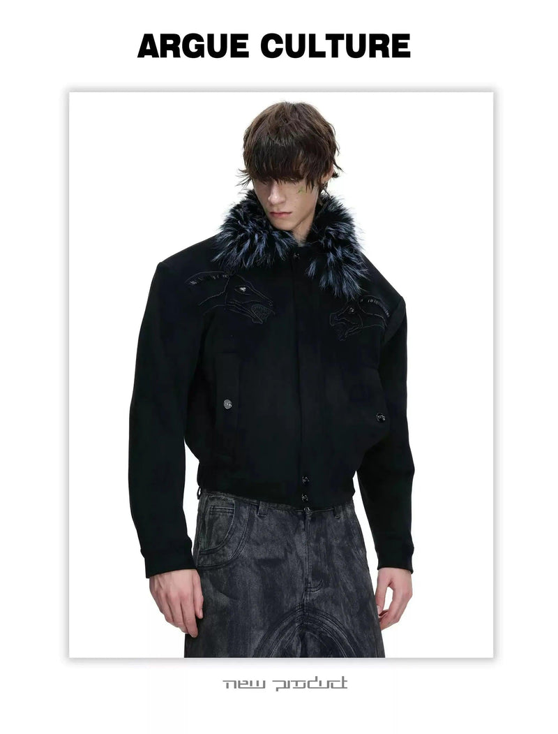 Faux Fur Collar Horse Graphic Jacket