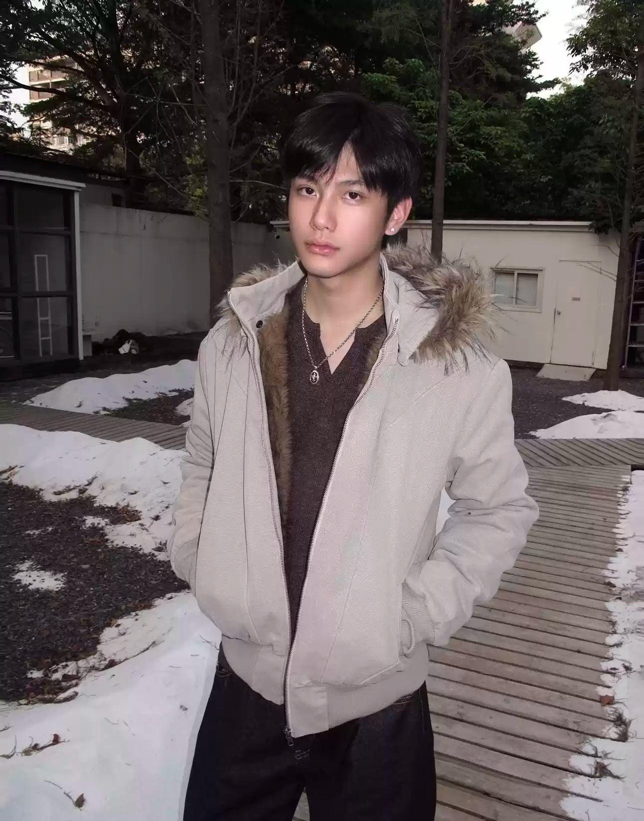 Fur-Lined Ribbed Hem Hooded Jacket