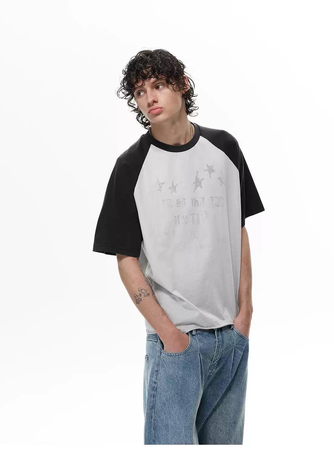 Grunge Print Contrast Block Raglan T-Shirt