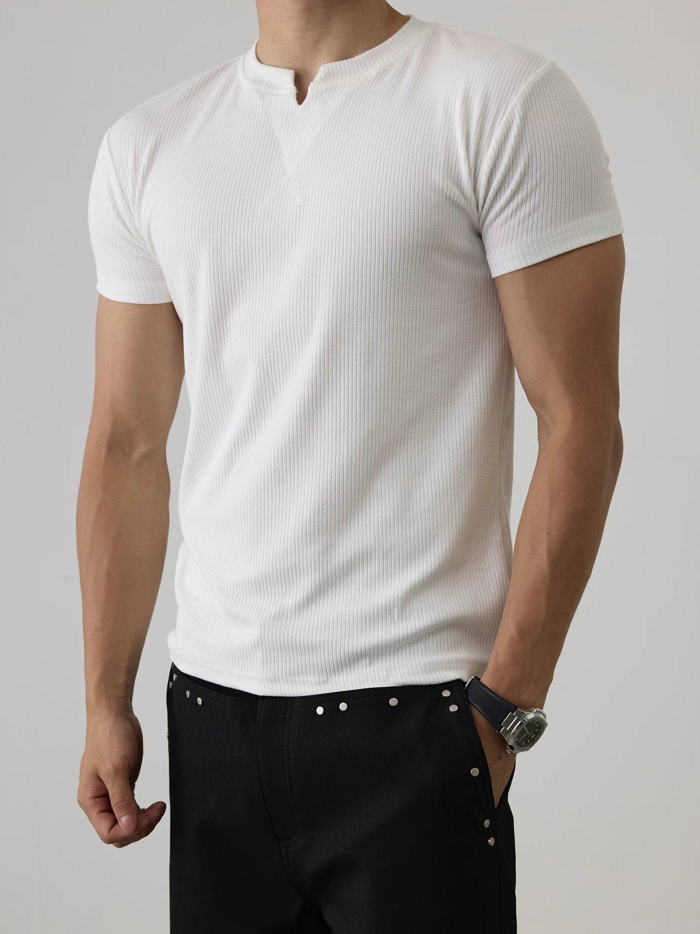 Fitted V-Neck Ribbed T-Shirt