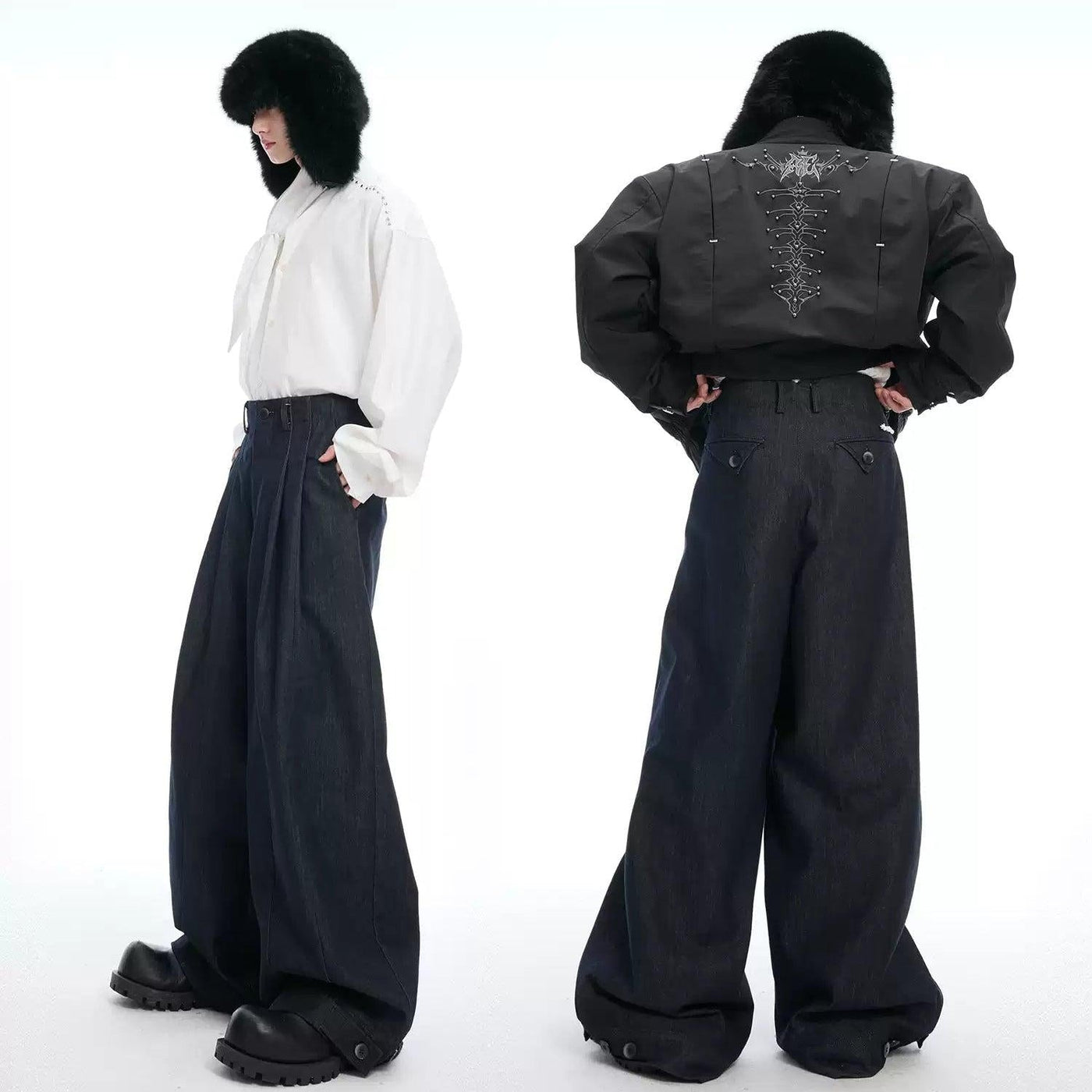 Pleated Button Cuff Wide Pants