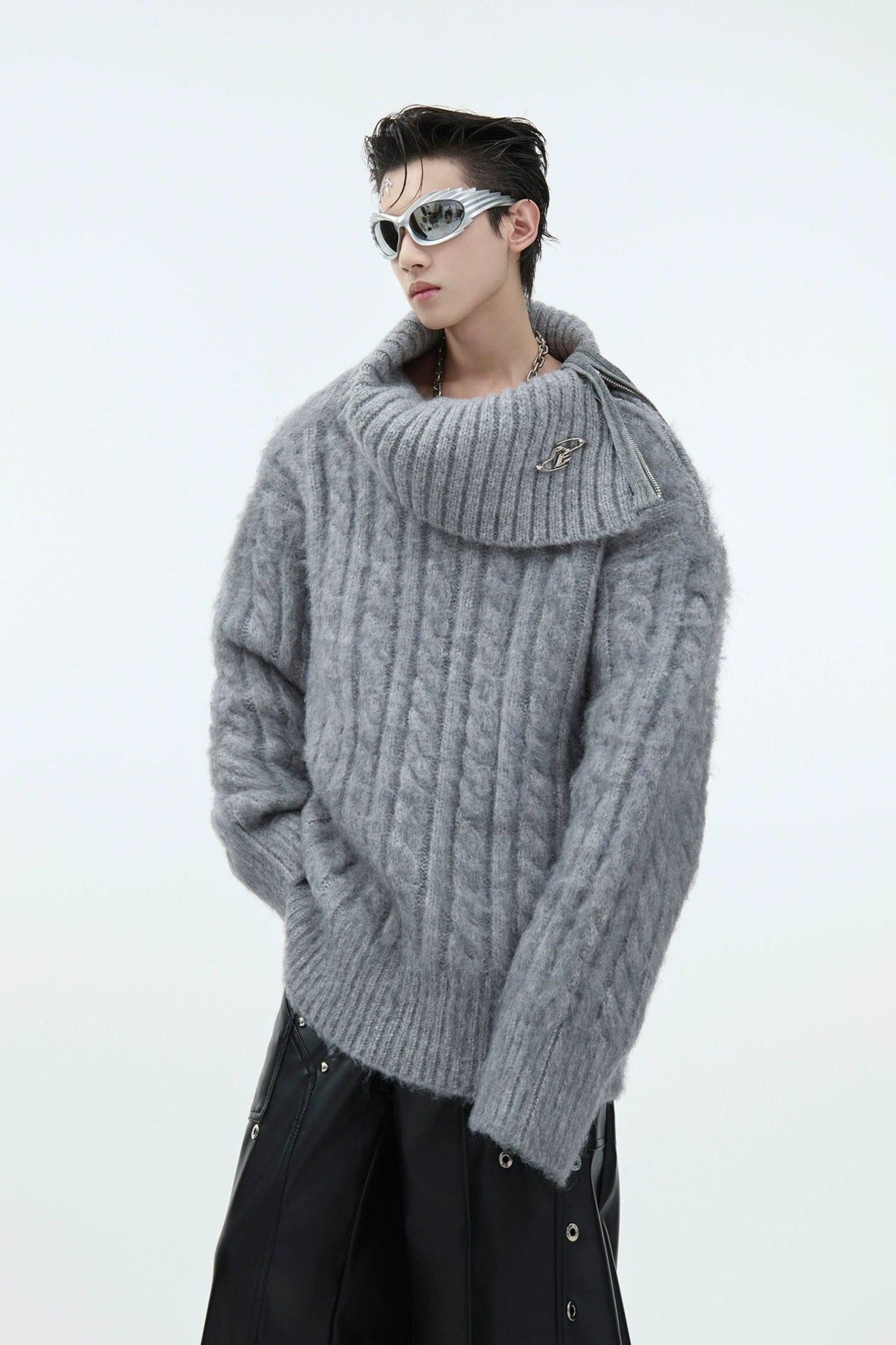 Cable Knit Side Zipper Collar Sweater