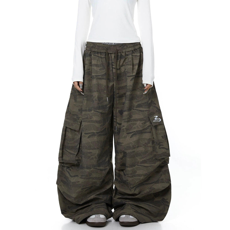 Drawstring Camo Wide Leg Cargo Pants