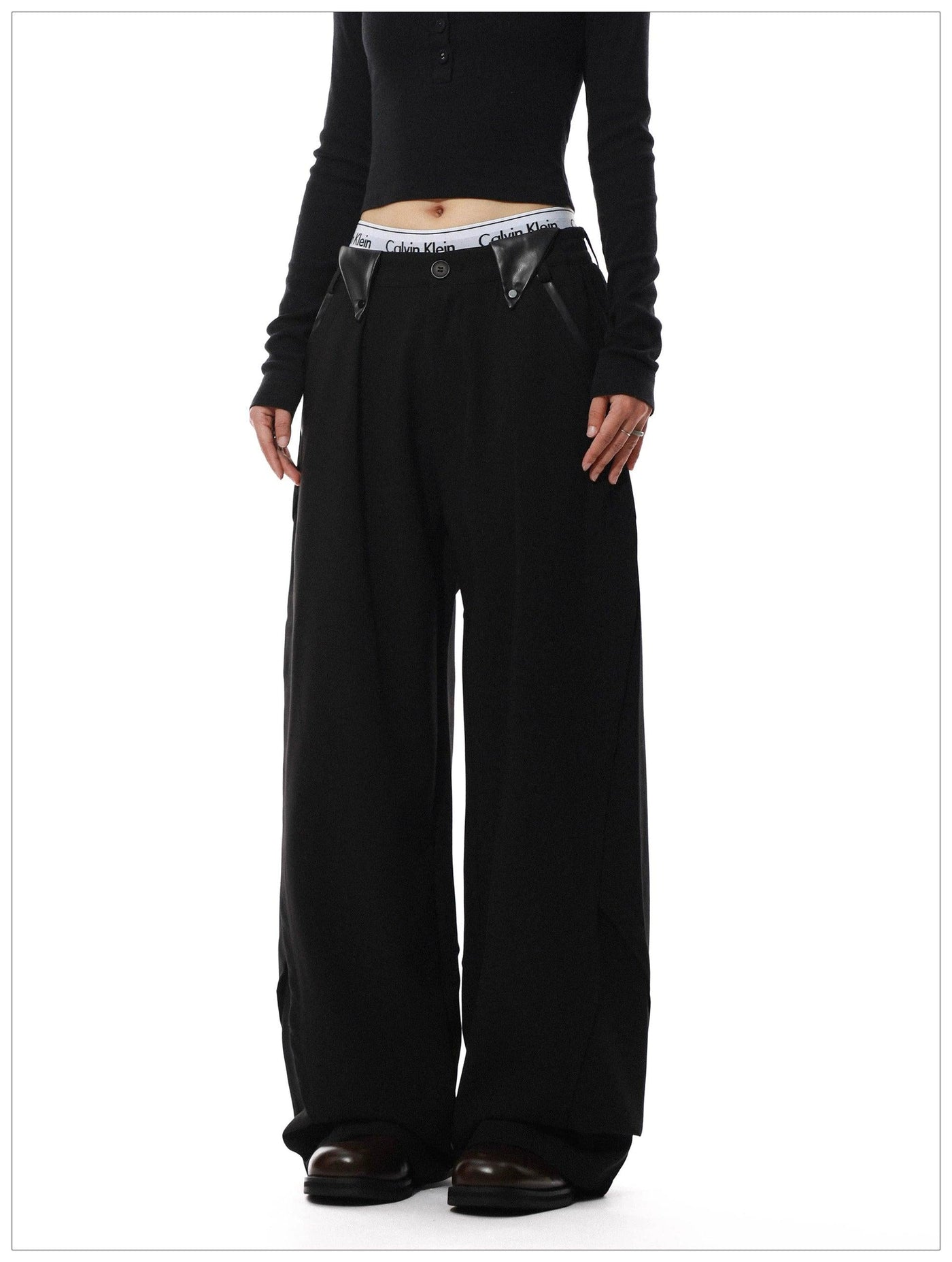 PU Leather Detail Straight Pants