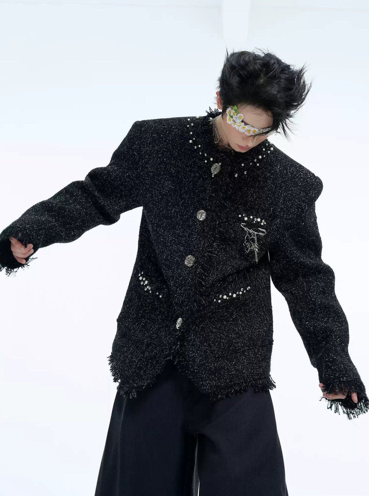 Pearled Frayed Textured Blazer
