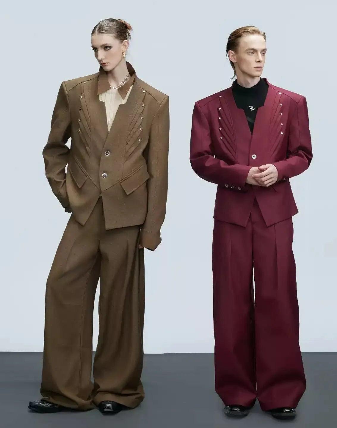 Multiple Pleats Collarless Blazer & Pants Set