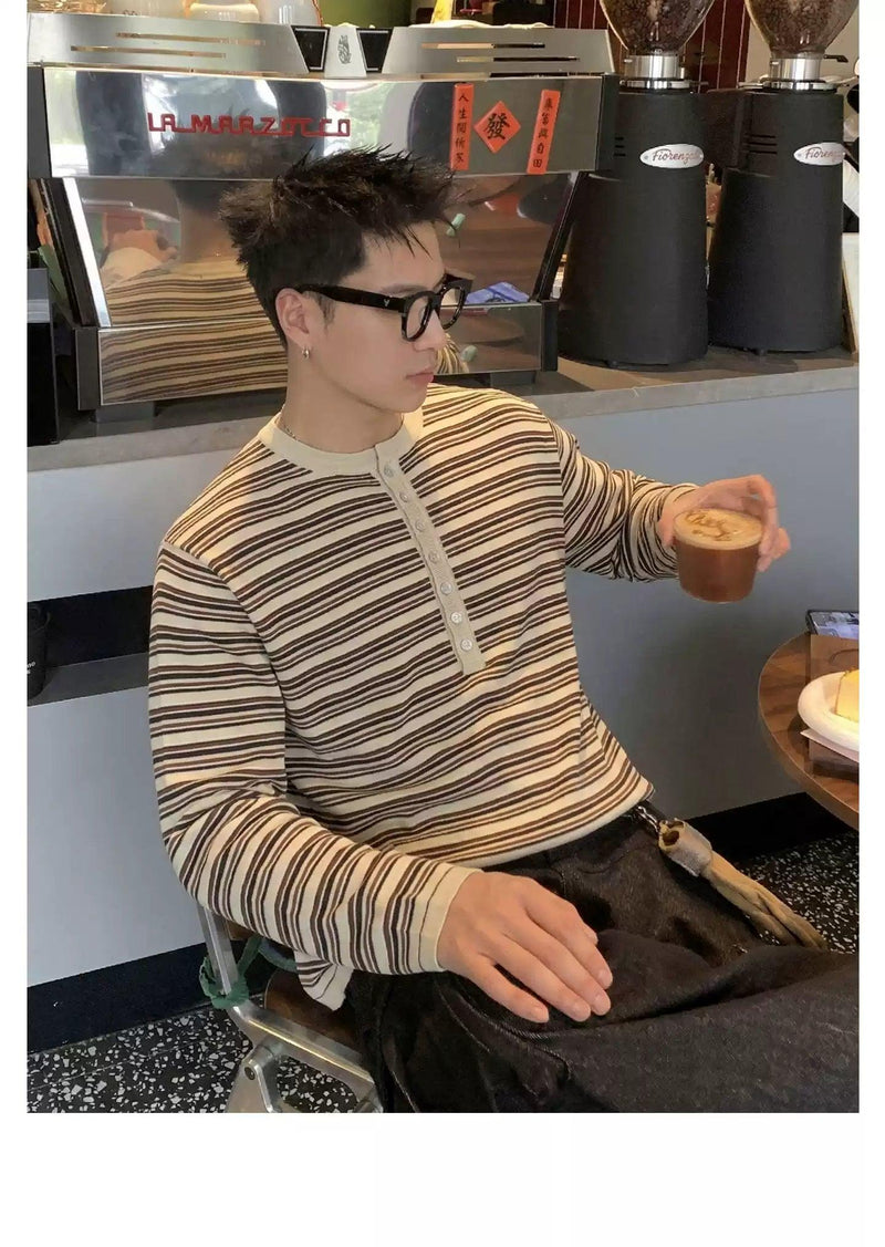 Striped Henley Collar L/S T-Shirt