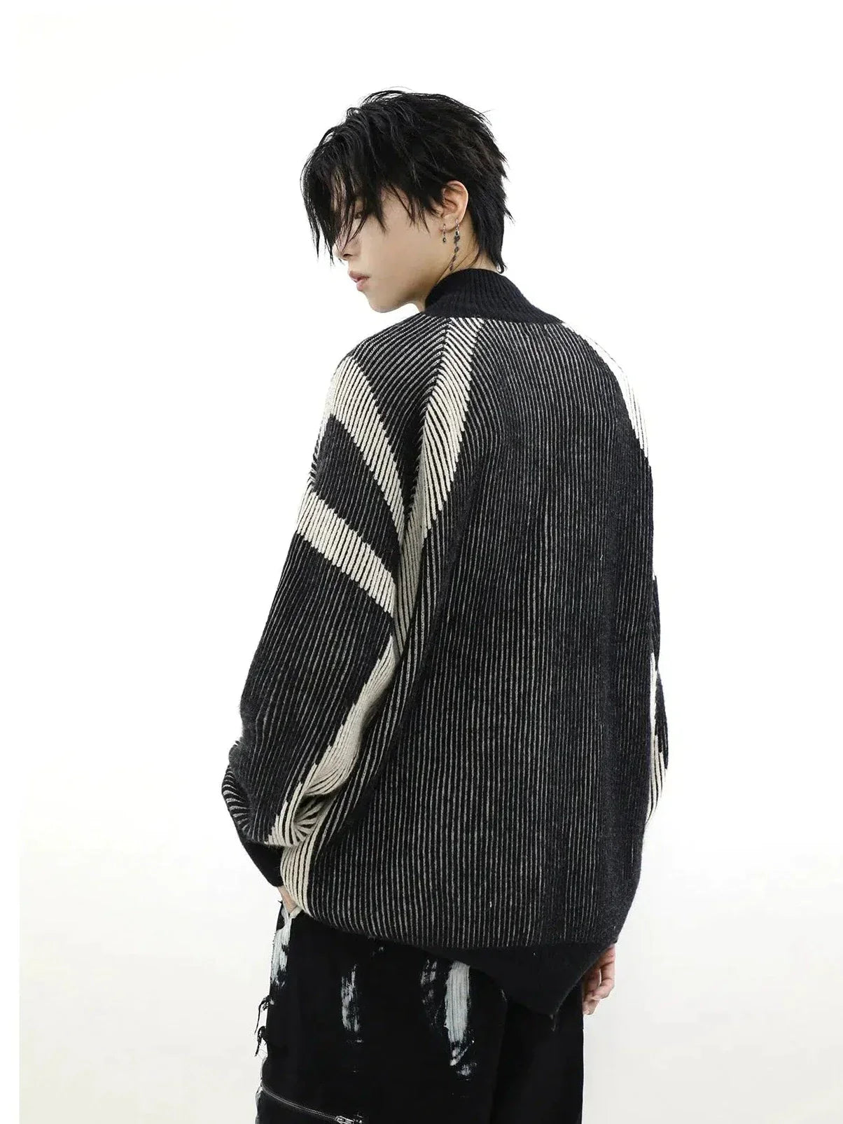 Contrast Zippered Ribbed Knit Cardigan