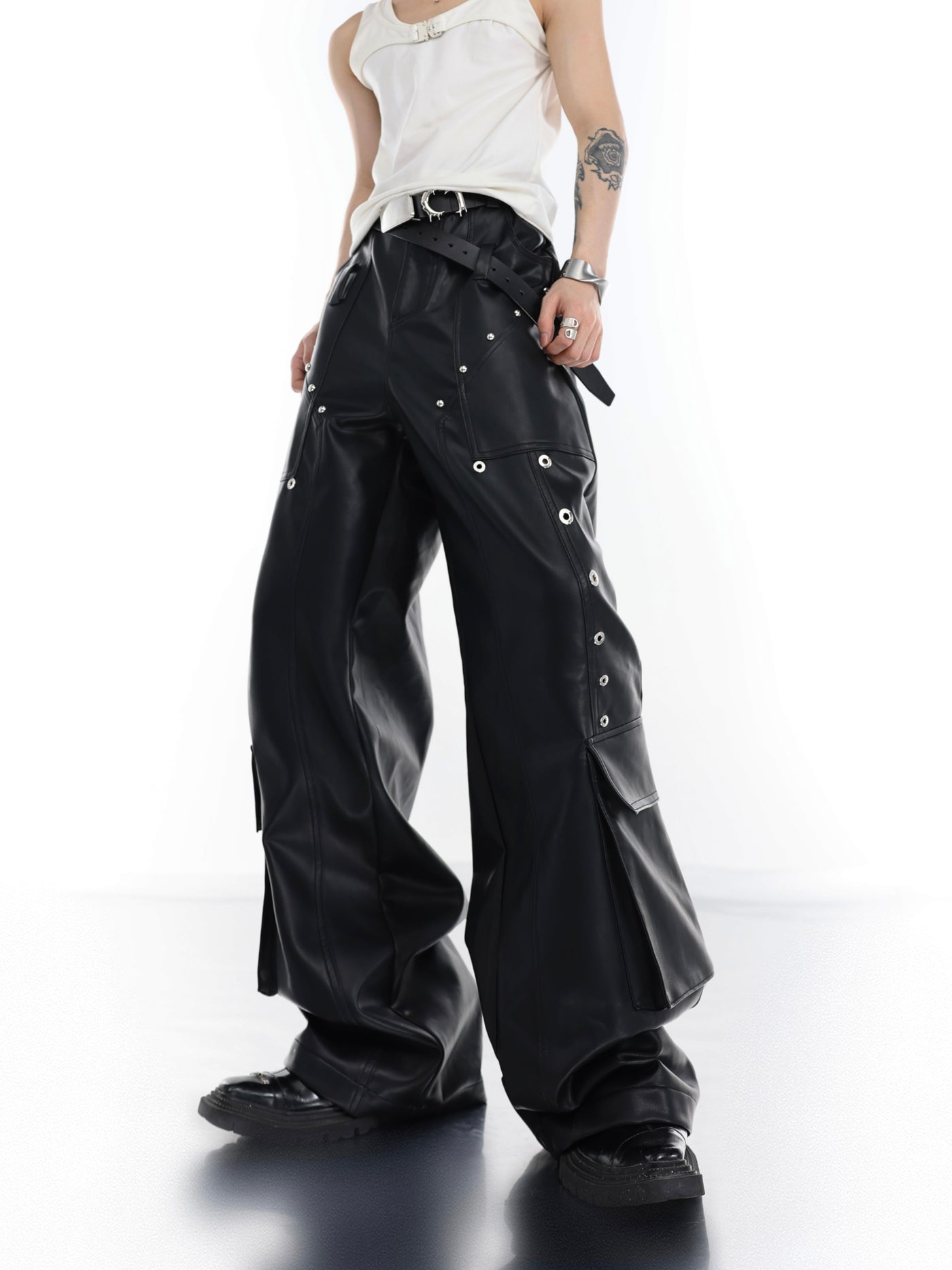 Metal Buttons Stitch Pocket Leather Pants