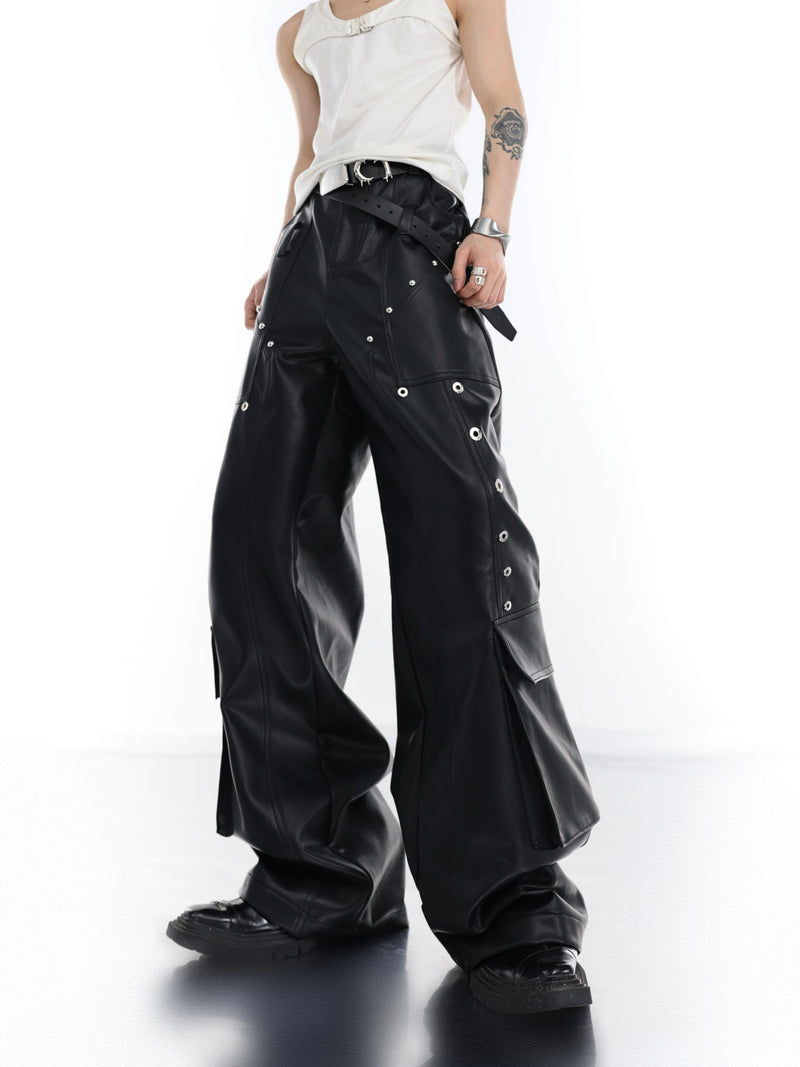 Metal Buttons Stitch Pocket Leather Pants