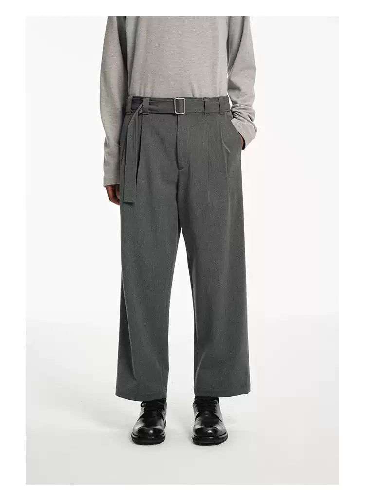 Waist Belt Pleated Cropped Trousers