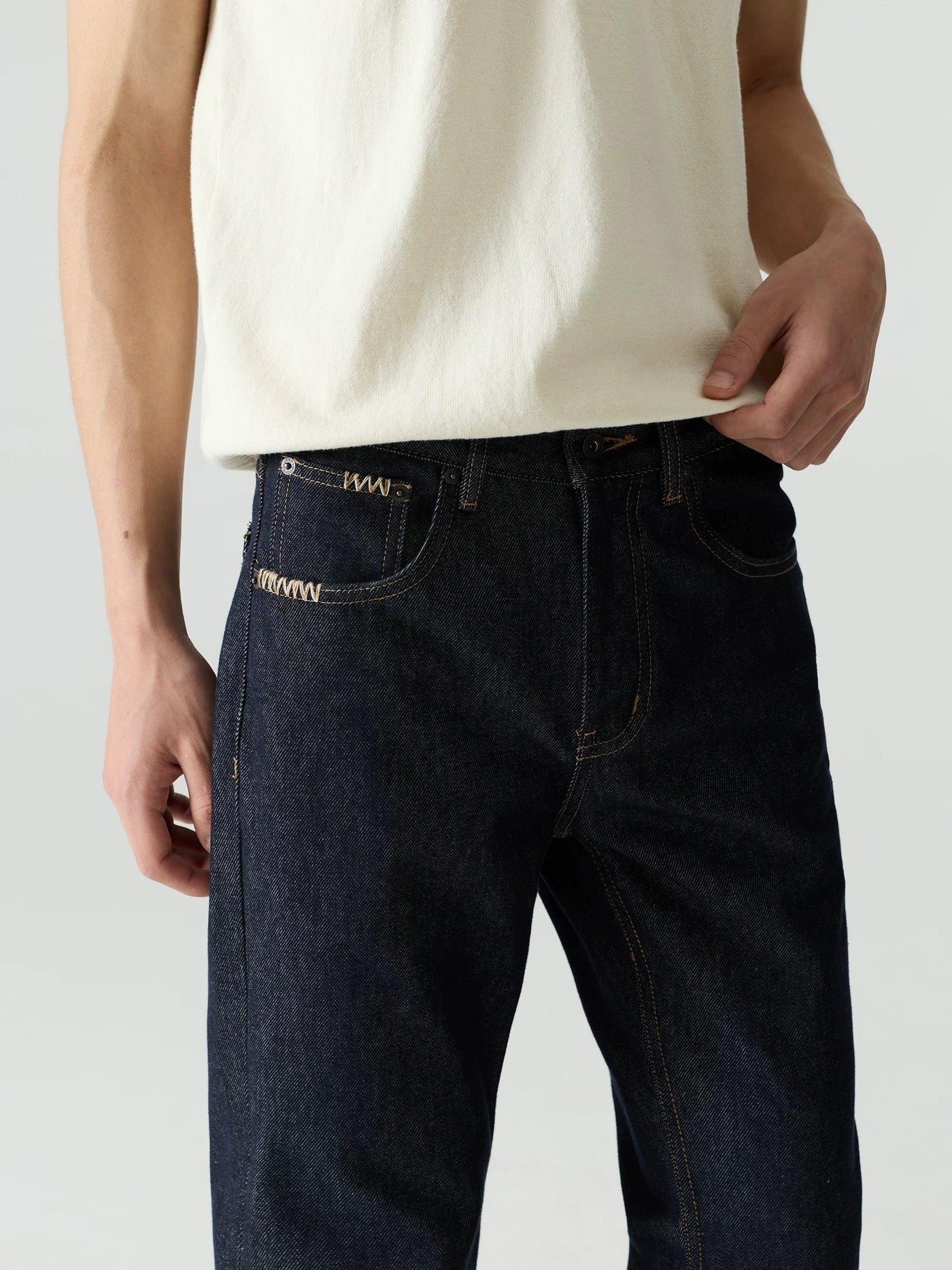 Hand-Stitched Raw Denim Flared Jeans