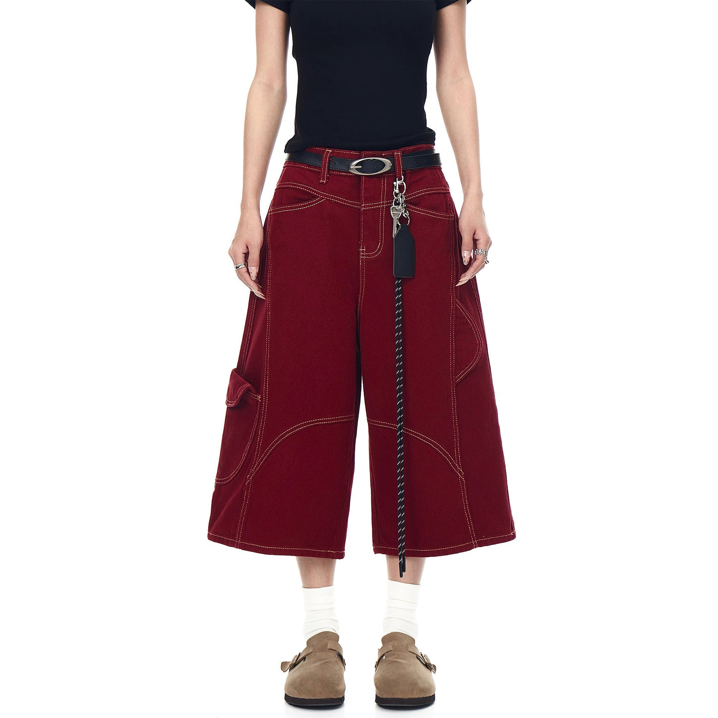 Topstitch String Detail Denim Shorts