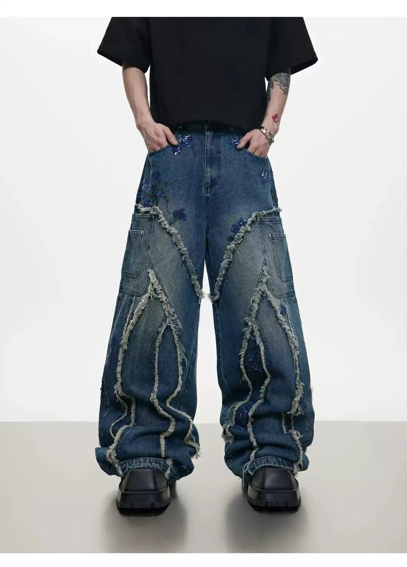 Sequin Embroidered Raw Seam Wide Jeans