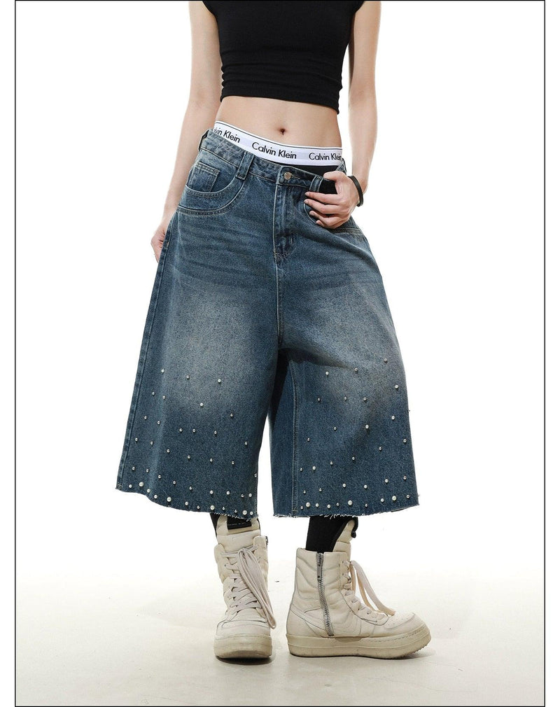 Pearled and Faded Denim Shorts