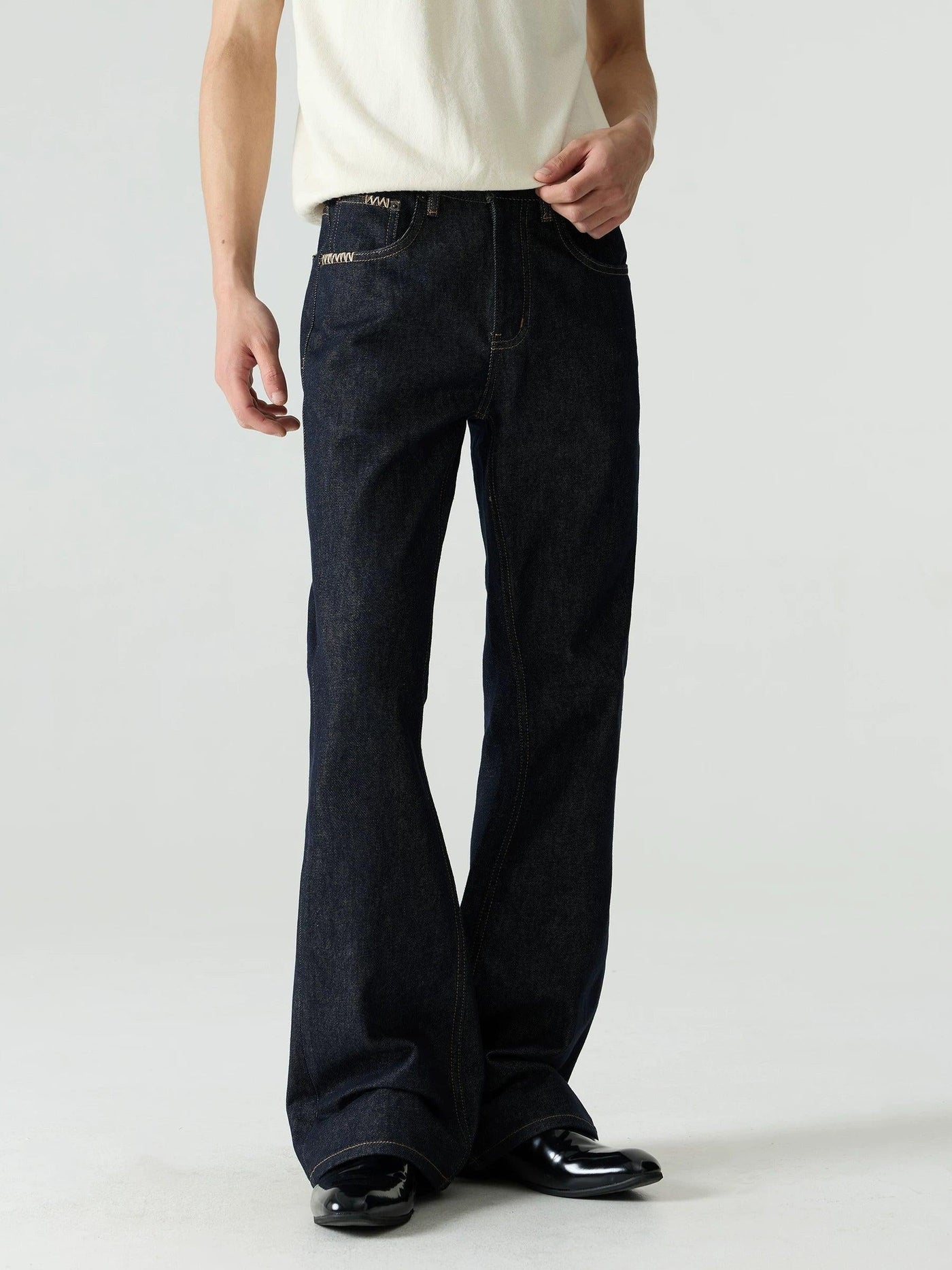 Hand-Stitched Raw Denim Flared Jeans