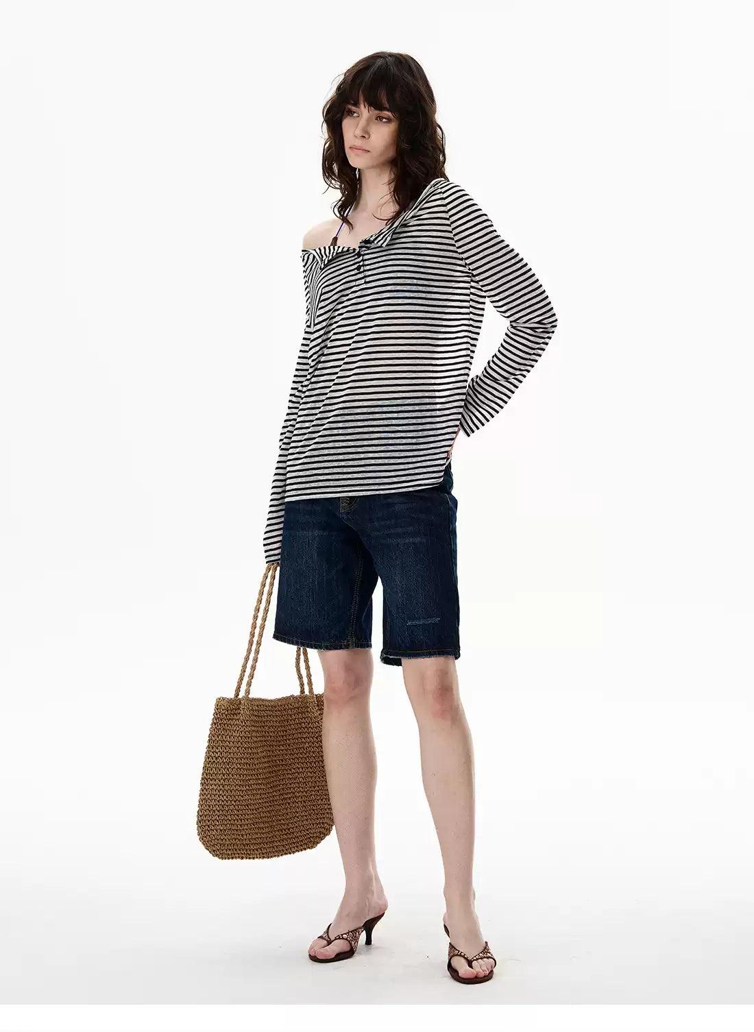 Striped Buttoned Sheer Blouse