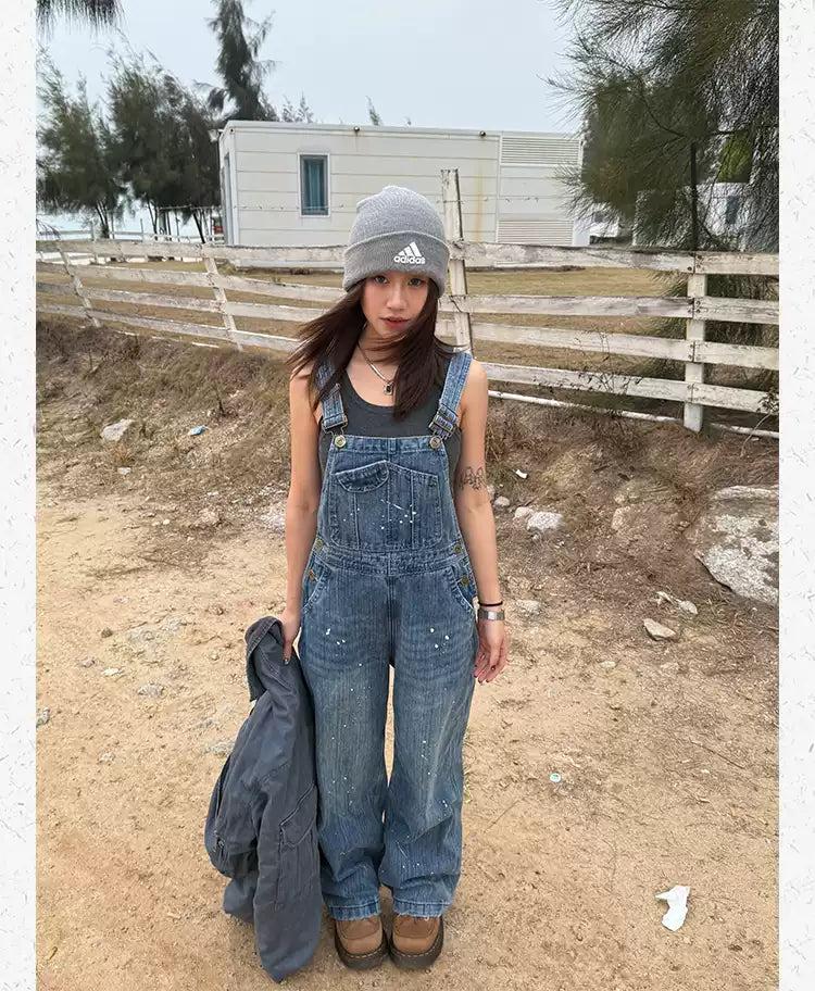 Textured Paint Splatted Denim Jumpsuit