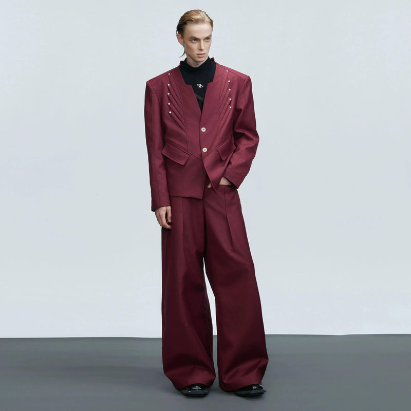 Multiple Pleats Collarless Blazer & Pants Set