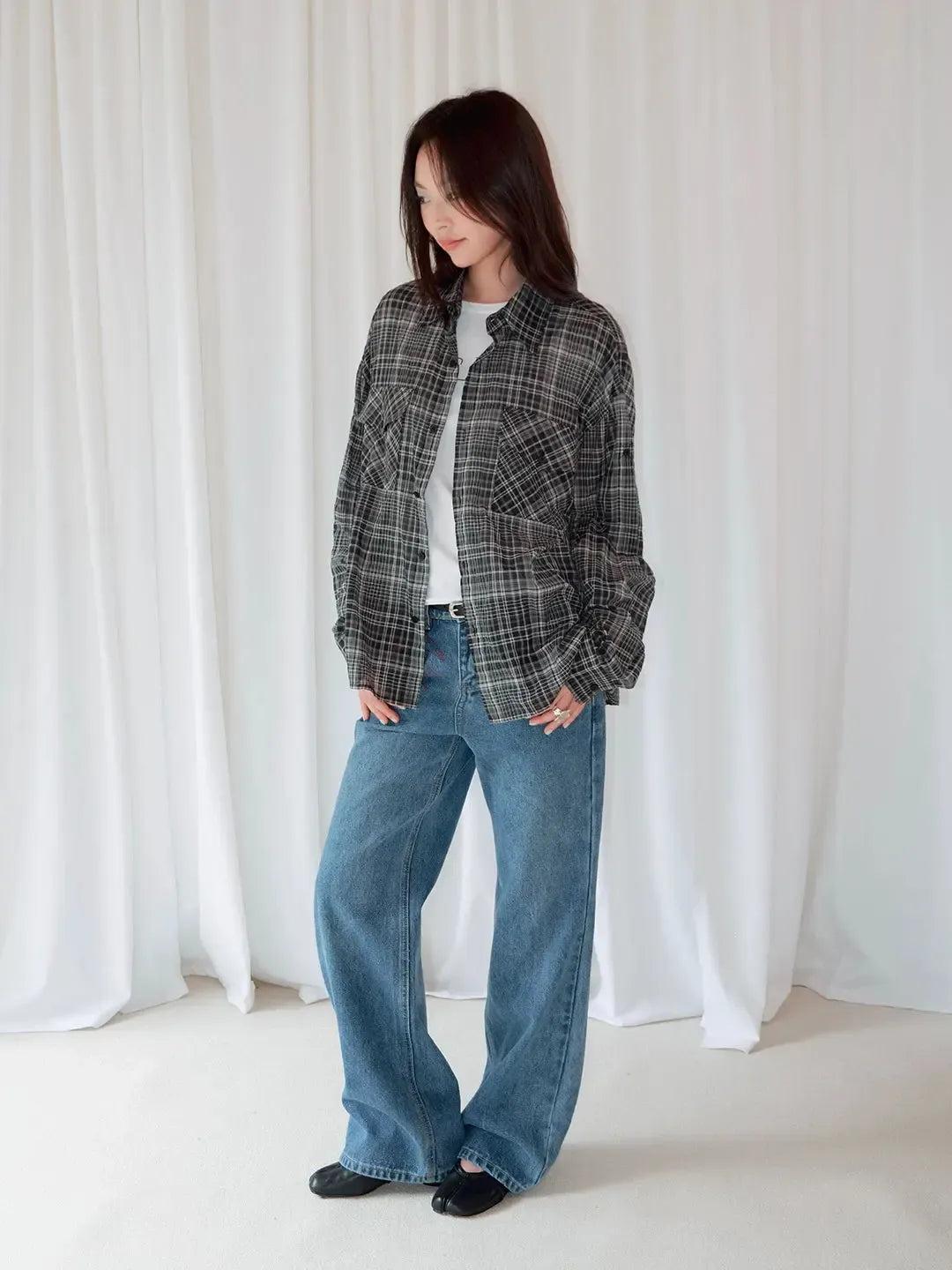 Plaid Pleated Roll-Sleeve Shirt