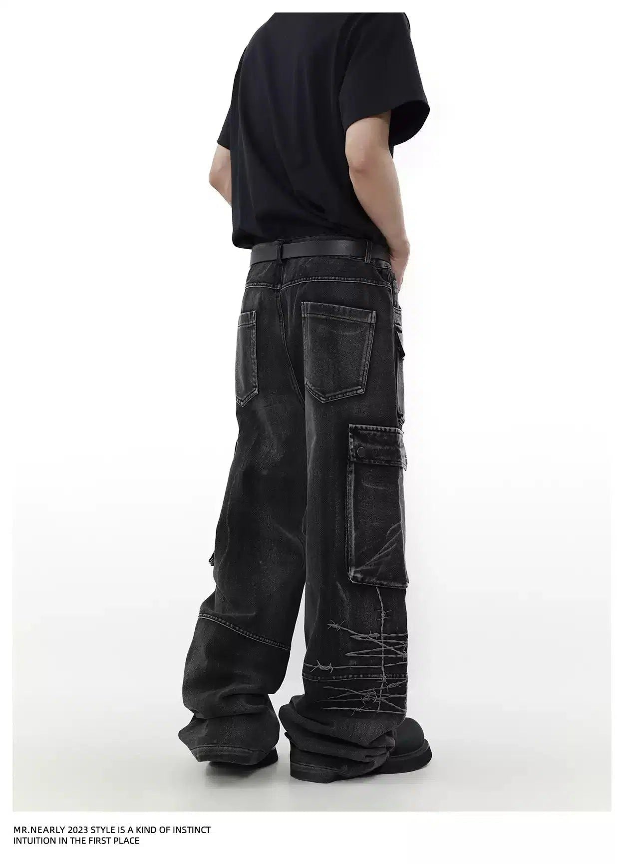 Washed Embroidered Cargo Jeans